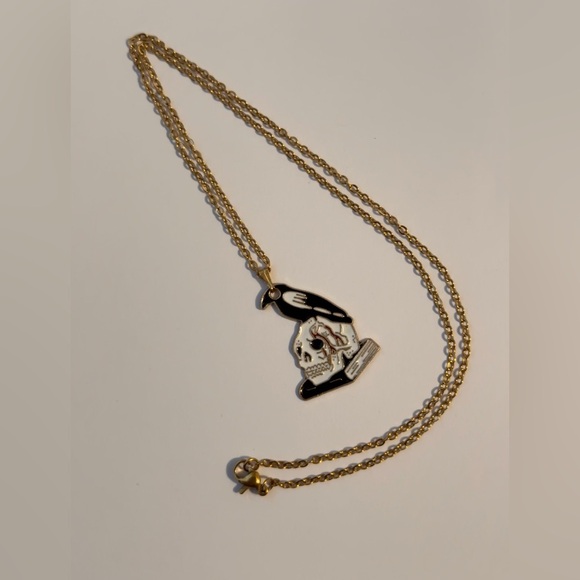 Gothic Skull Necklace Gold Tone Halloween Style Day of the Dead - Picture 2 of 6